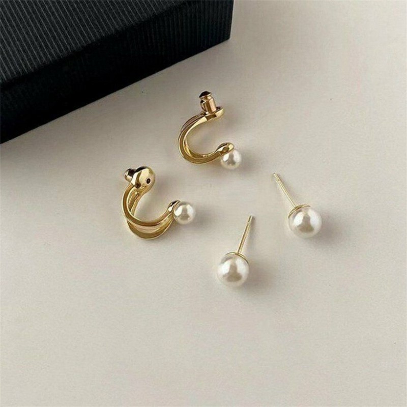 Women Gold Color Eardrop Cute Pearl Studs Hoop Earrings Hoops Wedding Jewelry - Image 6