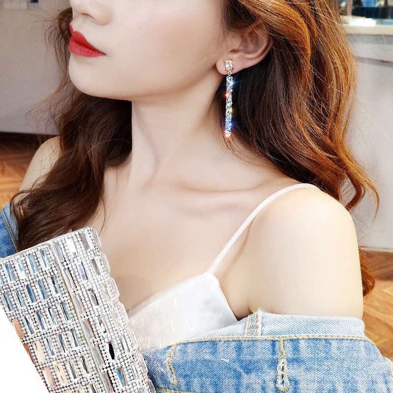 Long Crystal Drop Earrings Diamante Bridal Rhinestone Silver Dangle Wedding - 图片 5