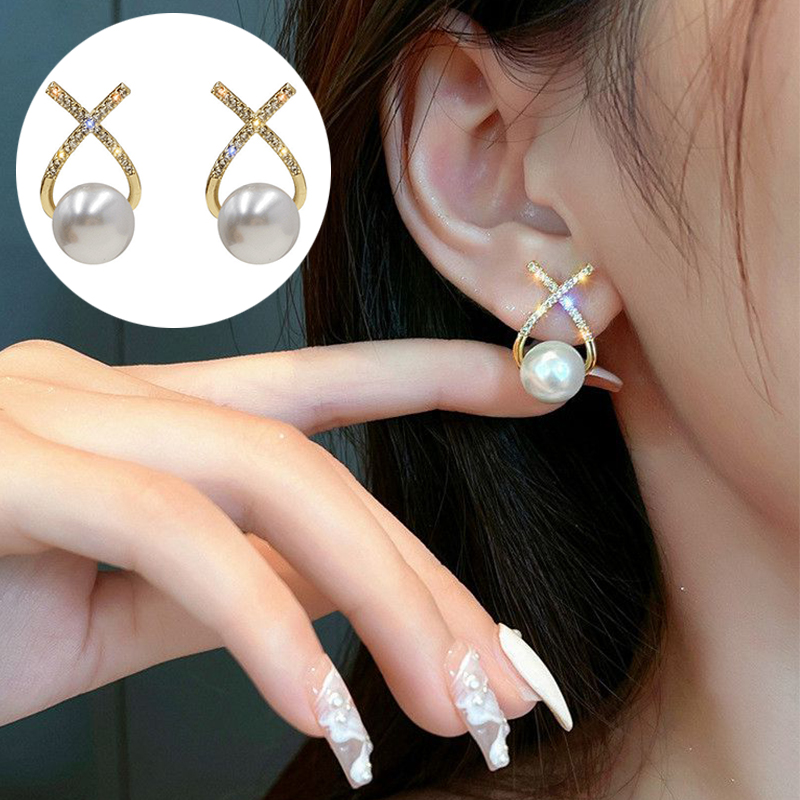 2024 New Inlaid Rhinestone Pearl Stud Earrings Women Personality Fashion Unique Design Earrings Wedding Jewelry Birthday Gift