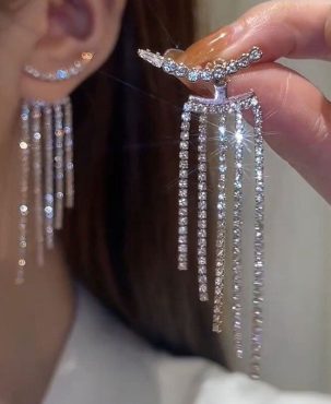 925 Silver Fashion Shiny Tassel Earrings Drop Dangle Bride Wedding Bling Jewelry