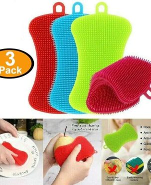 3x Silicone Kitchen Dish Washing Brush Sponge Scrubber Pot Pan BBQ Cleaner UK