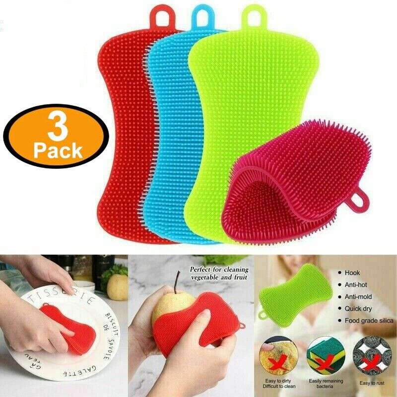 3x Silicone Kitchen Dish Washing Brush Sponge Scrubber Pot Pan BBQ Cleaner UK