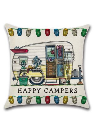 Cross-Border New Arrival Cartoon Camper RV Dining Car Series Happy Campers Linen Pillow Cover