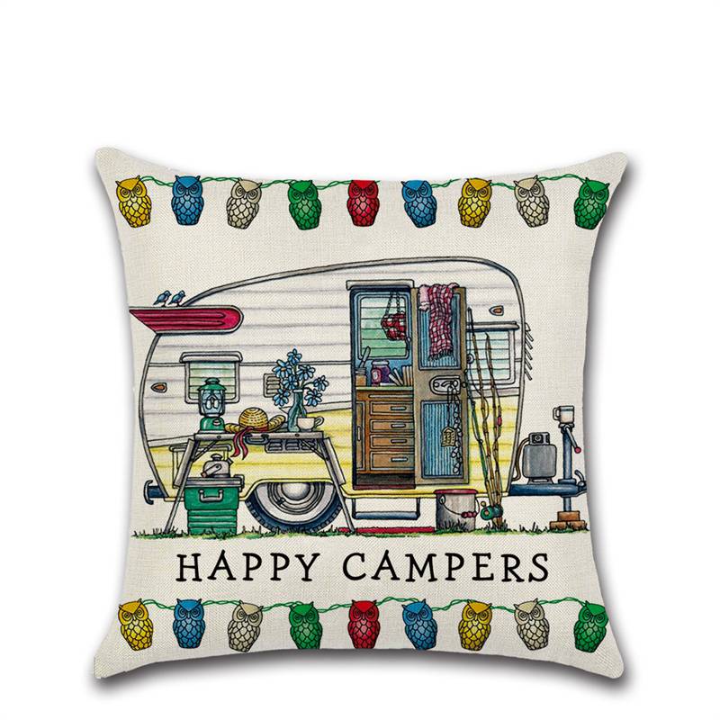 Cross-Border New Arrival Cartoon Camper RV Dining Car Series Happy Campers Linen Pillow Cover