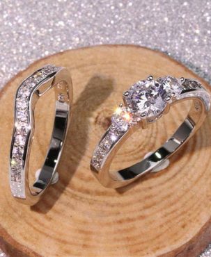 2 Pcs/set Women Fashion 925 Silver Rings Cubic Zirconia Jewelry Gifts Size 5-10