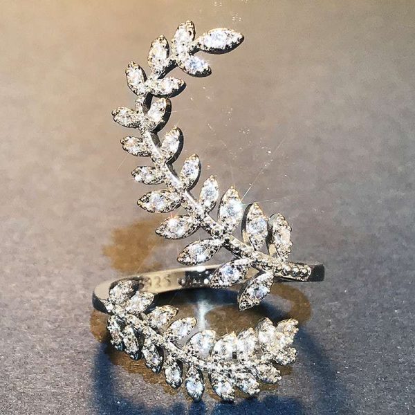 Graceful Leaves Both End of Open Ring Silver Color Girl Cocktail Party Rings Shine Crystal Zircon Fashion Women Jewelry - Image 2