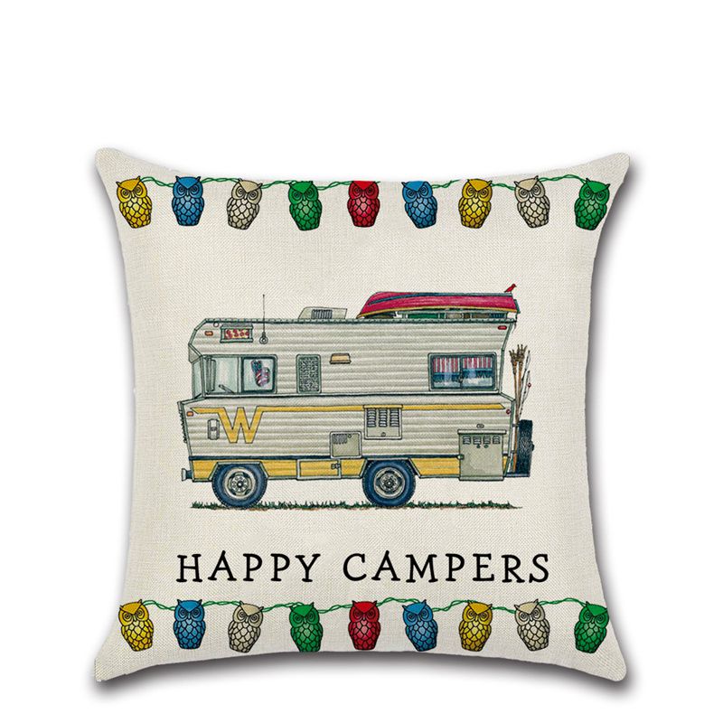 Cross-Border New Arrival Cartoon Camper RV Dining Car Series Happy Campers Linen Pillow Cover - Image 3
