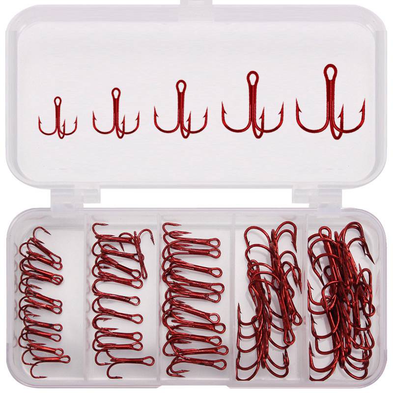 100pcs Fishing Hook Sharp Treble Hooks Size 1 2 4 6 8 10 12 14 Red Black Silver