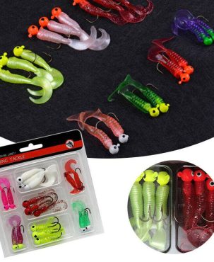 17Pcs Fishing Lures Set Jig Lead Head Hooks Soft Worm Grub Single Tail Bait