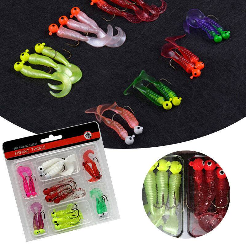 17Pcs Fishing Lures Set Jig Lead Head Hooks Soft Worm Grub Single Tail Bait