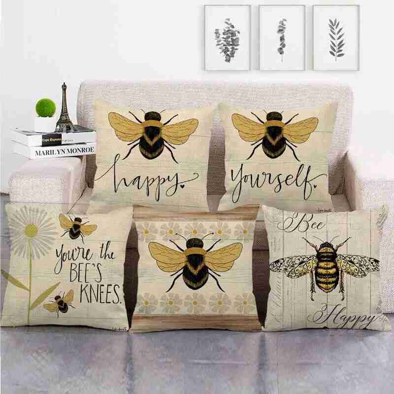 Rural Square Wooden Bee Honey Cushion Cover Linen Cotton Sofa Couch pillow Case