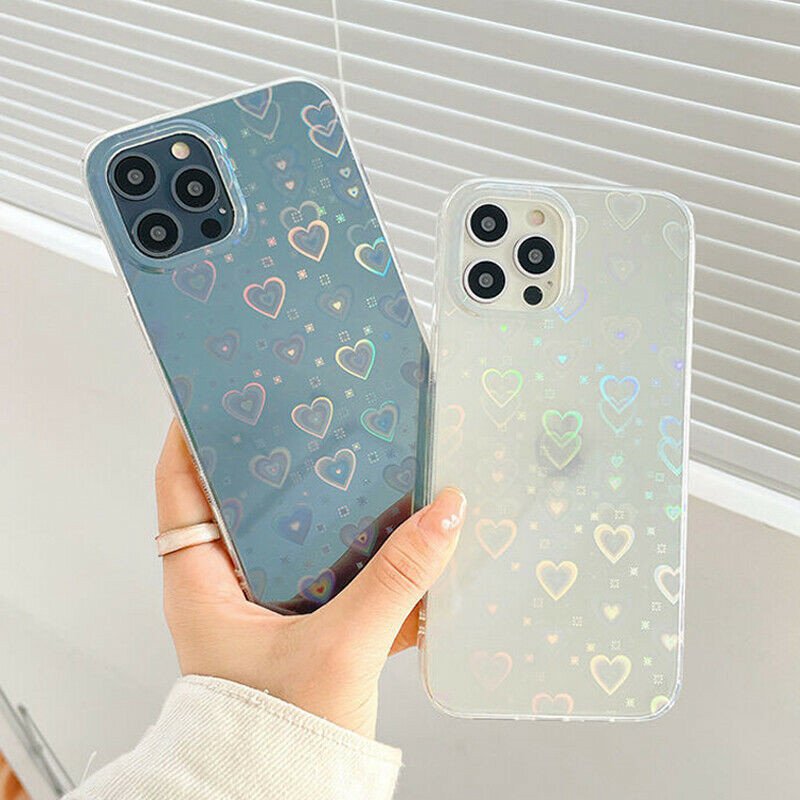 Laser Transparent Love Heart Phone Case Back Cover For iPhone 13 12 11 Pro Max X