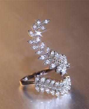 Graceful Leaves Both End of Open Ring Silver Color Girl Cocktail Party Rings Shine Crystal Zircon Fashion Women Jewelry