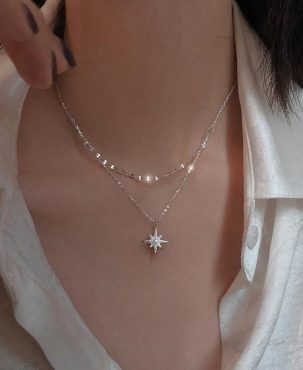 Silver Star Moon Double Necklace Women Clavicle Chain Shiny Diamond  Fashion Jewely Accessories