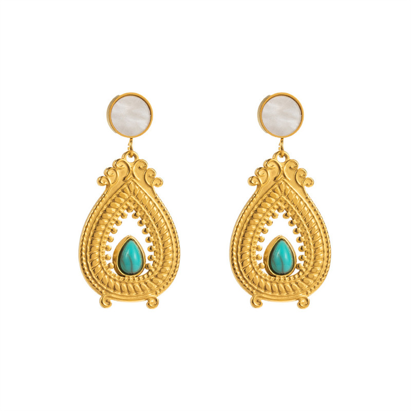 Fashion Carved Hollow Delicate Titanium Steel Earrings Vintage Water Drop Leaf Fan-Shaped Ear Rings - 图片 5