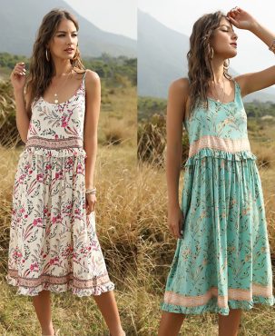 AliExpress Mid-Length Strap Ruffles Stitching Apricot Expandable Dress 2024 European and American Summer Cross-Border Women's Clothing