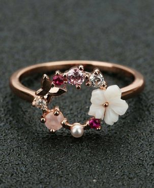 Butterfly Flowers Crystal Finger Wedding Rings Women Rose Gold Zircon Jewelry