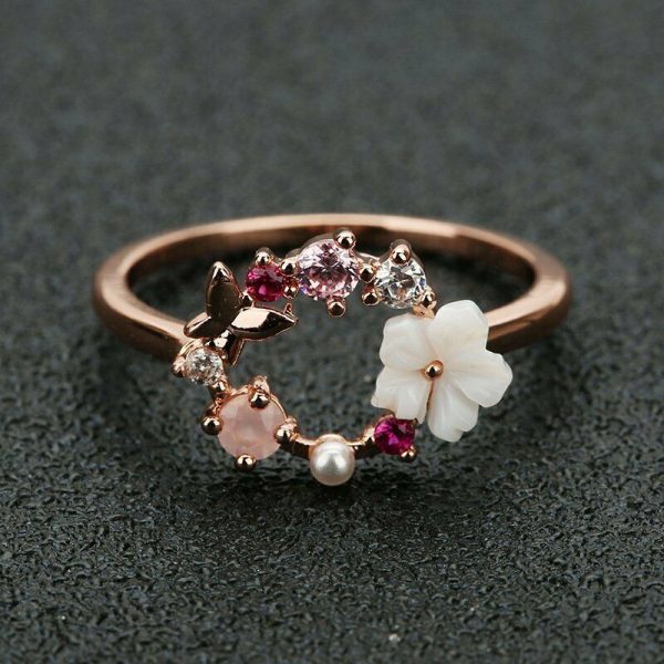 Butterfly Flowers Crystal Finger Wedding Rings Women Rose Gold Zircon Jewelry