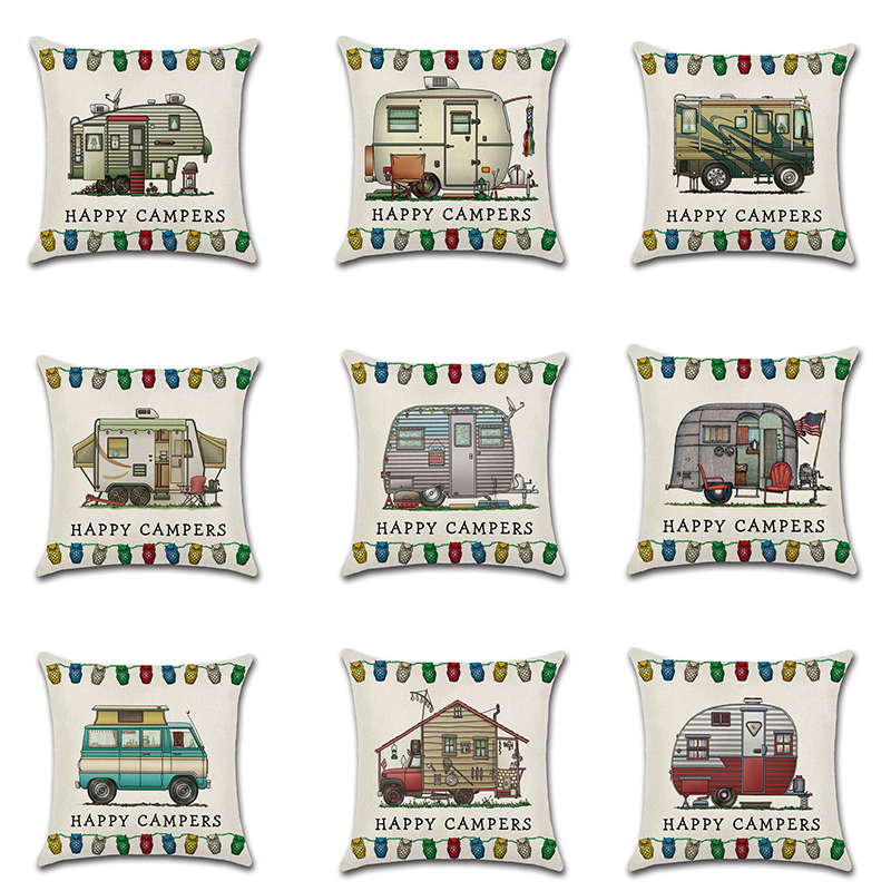 Cross-Border New Arrival Cartoon Camper RV Dining Car Series Happy Campers Linen Pillow Cover - Image 24