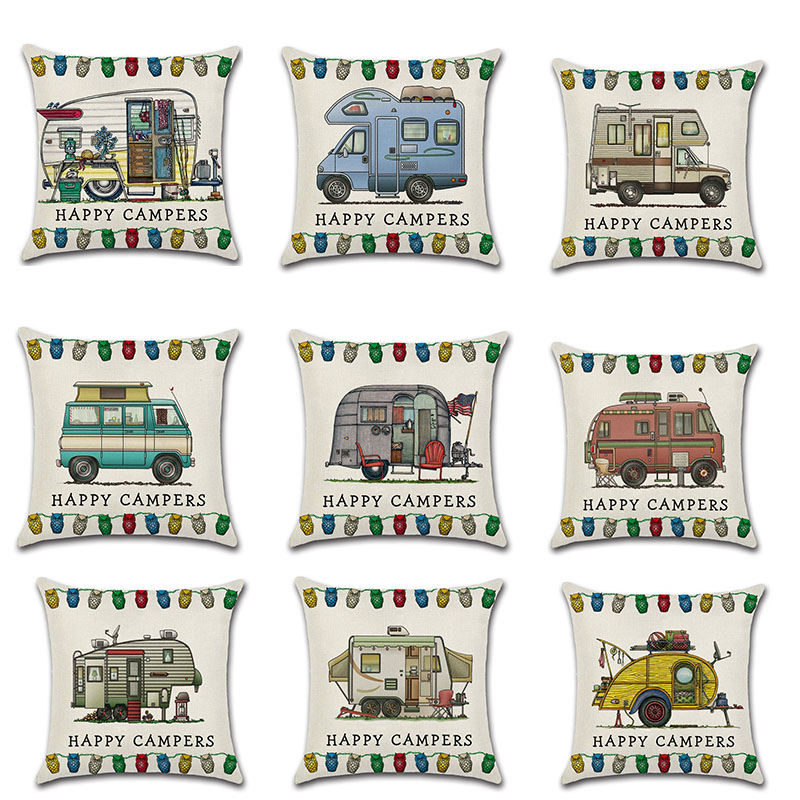 Cross-Border New Arrival Cartoon Camper RV Dining Car Series Happy Campers Linen Pillow Cover - Image 21