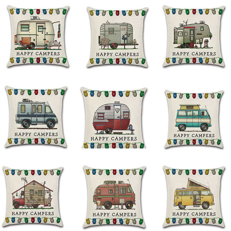Cross-Border New Arrival Cartoon Camper RV Dining Car Series Happy Campers Linen Pillow Cover - Image 22