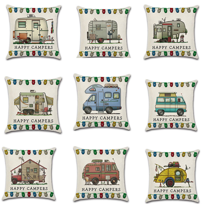 Cross-Border New Arrival Cartoon Camper RV Dining Car Series Happy Campers Linen Pillow Cover - Image 23