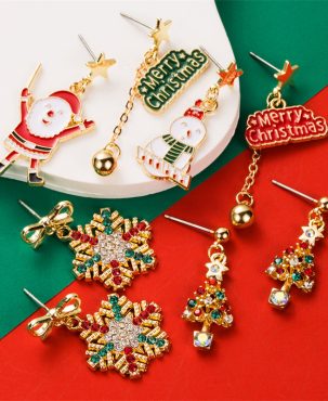 Christmas Stud Earrings Personalized Christmas Tree Old Snowflake Snowman Asymmetric Ear Rings