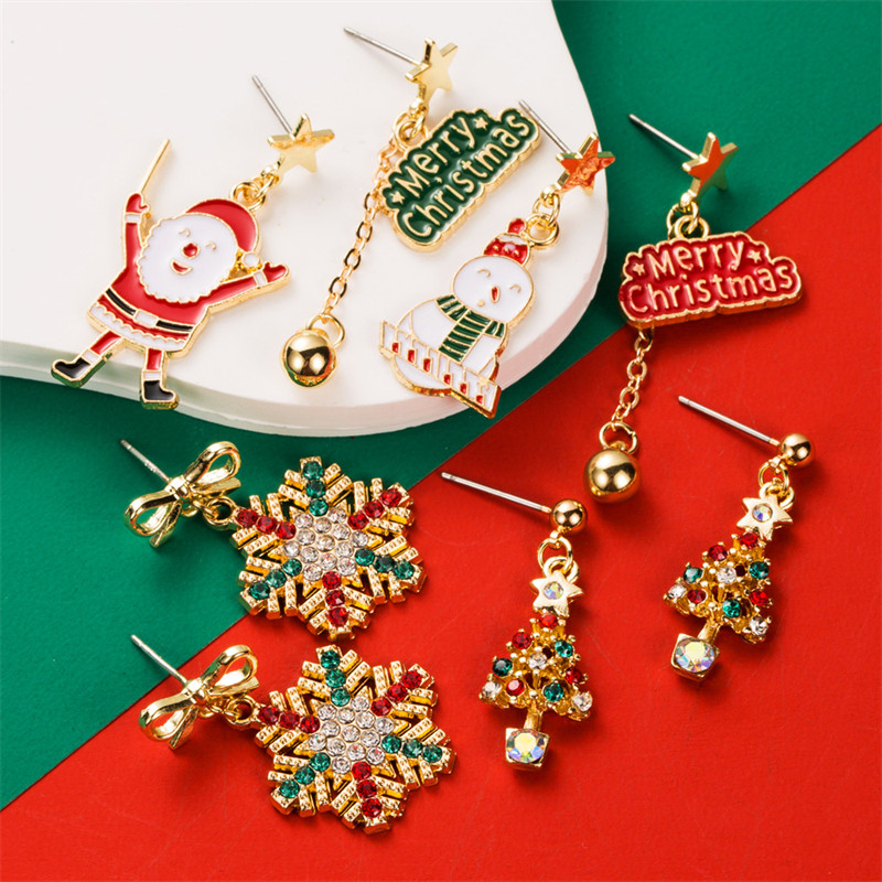 Christmas Stud Earrings Personalized Christmas Tree Old Snowflake Snowman Asymmetric Ear Rings