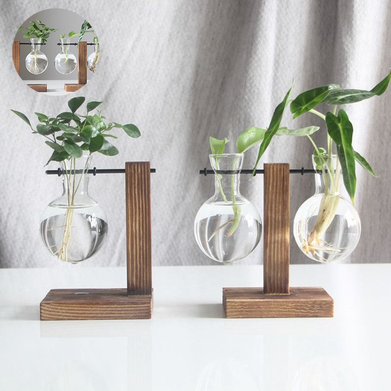 Terrarium Hydroponic Plant Vases Vintage Flower Pot Transparent Vase Wooden Frame Glass Tabletop Plants Home Bonsai Decor - Image 15