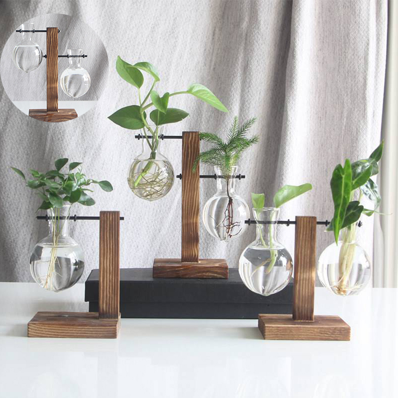 Terrarium Hydroponic Plant Vases Vintage Flower Pot Transparent Vase Wooden Frame Glass Tabletop Plants Home Bonsai Decor - Image 16