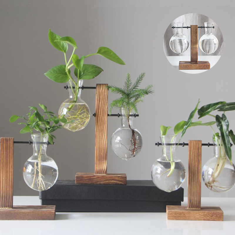 Terrarium Hydroponic Plant Vases Vintage Flower Pot Transparent Vase Wooden Frame Glass Tabletop Plants Home Bonsai Decor - Image 17