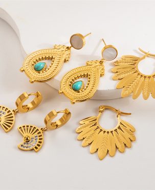 Fashion Carved Hollow Delicate Titanium Steel Earrings Vintage Water Drop Leaf Fan-Shaped Ear Rings