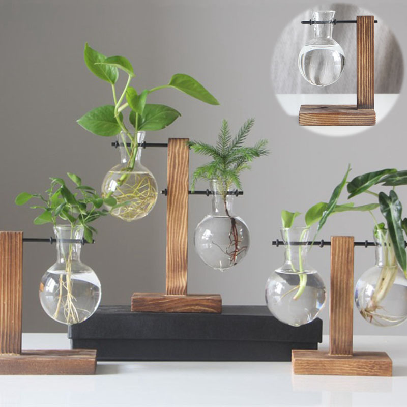 Terrarium Hydroponic Plant Vases Vintage Flower Pot Transparent Vase Wooden Frame Glass Tabletop Plants Home Bonsai Decor - Image 14