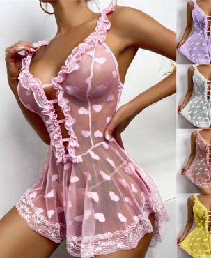 Womens Mesh Sheer Lingerie G-string Thong Sexy See-through Nightdress Sleepwear