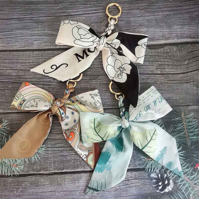 New Camellia Silk Scarf Bow Keychain Pendant Fresh Korean Style Girls' Bags Hanging Ornament Car Key Ring