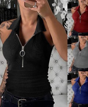 Tank Top Women Sexy Vest Zipper Large V-neck Sleeveless Shirt Slim Top Casual