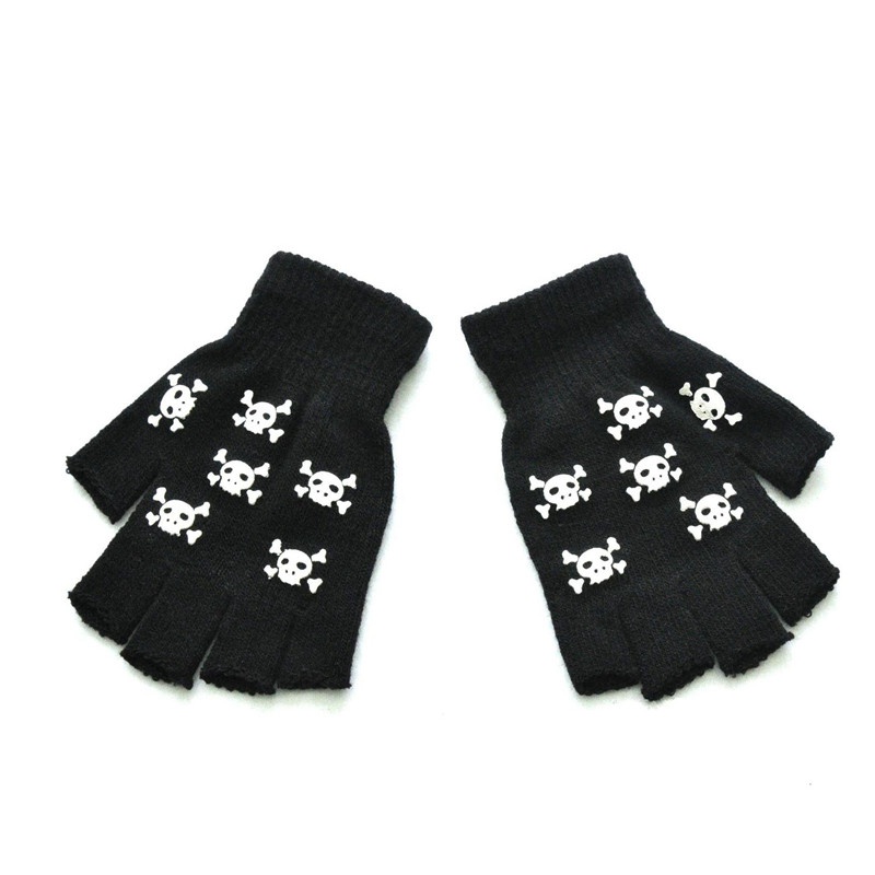 Warm Knitting Gloves For Adult Solid Acrylic Half Finger Glove Human Skeleton Head Gripper Print Cycling Non-slip Wrist Gloves - Image 3