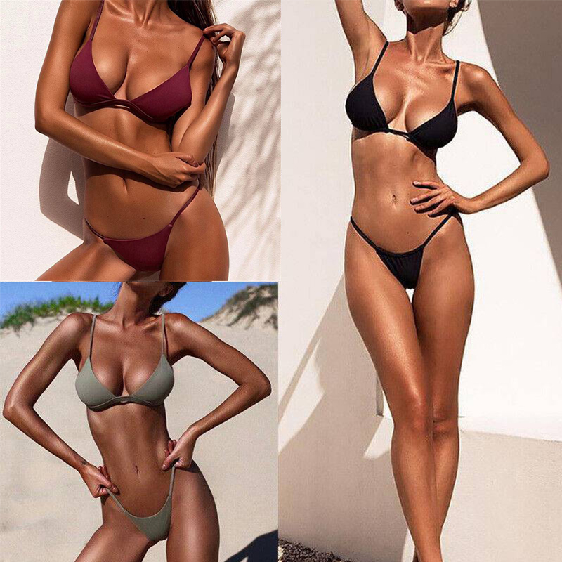 Women Sexy Swimsuit Bikini Bra G-String Thong Bottom Beach Solid Swimwear Lady - 图片 18