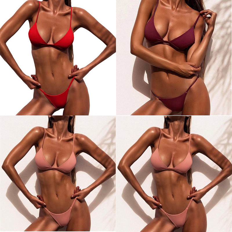 Women Sexy Swimsuit Bikini Bra G-String Thong Bottom Beach Solid Swimwear Lady - 图片 21