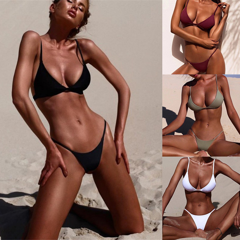 Women Sexy Swimsuit Bikini Bra G-String Thong Bottom Beach Solid Swimwear Lady - 图片 19