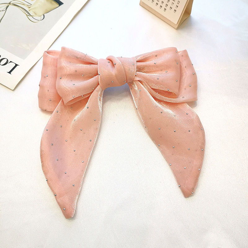 Barrettes Solid Color Shiner Rhinestone Fabric Bow Spring Clip Girl Horse Tail Head Clip - 图片 9