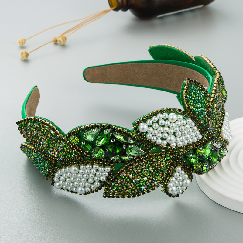 Fashion Ball Rhinestone Pearl Leaf-Shaped Baroque Headband Exaggerated Wide-Brim Hair Accessories - Image 3