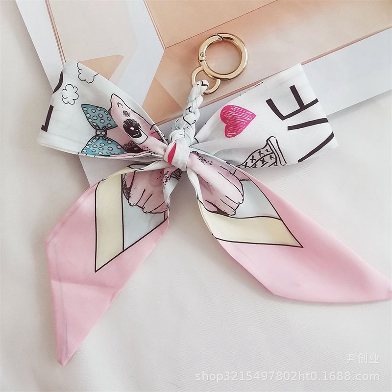 New Camellia Silk Scarf Bow Keychain Pendant Fresh Korean Style Girls' Bags Hanging Ornament Car Key Ring - 图片 3