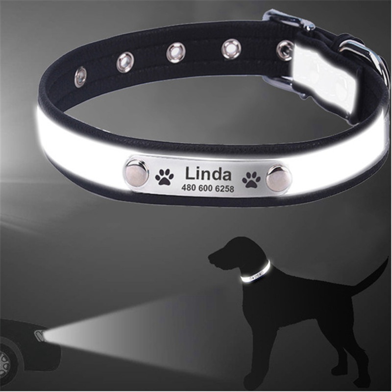 Soft Reflective Leather Personalised Dog Collar Custom Name ID Tags Pet Cat XS-2XL - Image 3
