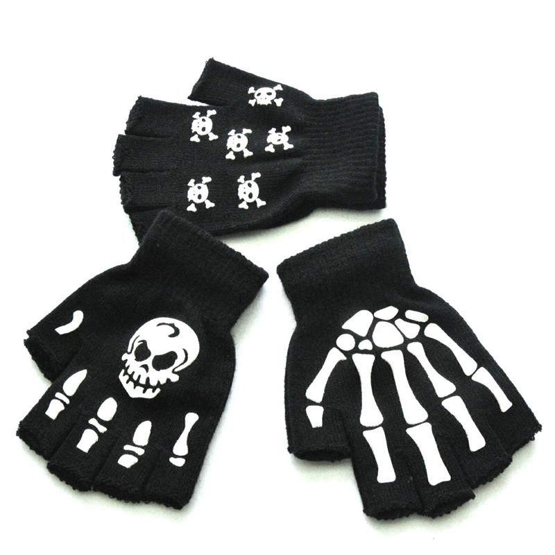 Warm Knitting Gloves For Adult Solid Acrylic Half Finger Glove Human Skeleton Head Gripper Print Cycling Non-slip Wrist Gloves - Image 4
