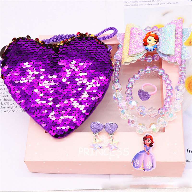 Mermaid Accessories Jewelry Set Sequins Purse Necklace Bracelet Bow Hair Clip Shell Earring Gift for Elsa Princess Girls - Image 14