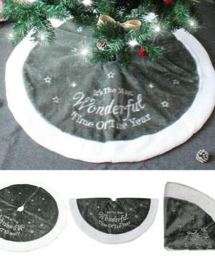 90cm Luxury Grey Fur Christmas Tree Skirt Festive Home Xmas Snowflake Decor