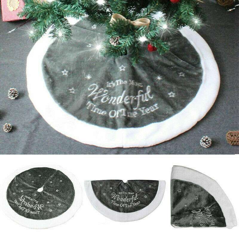 90cm Luxury Grey Fur Christmas Tree Skirt Festive Home Xmas Snowflake Decor
