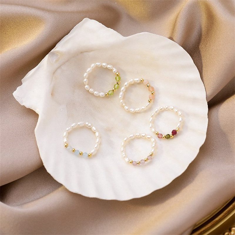Cute Multi Beaded Imitation Pearl Colorful Crystal Adjustable Rope Chain Rings For Women Continuous Circle Minimalist Ring - 图片 3