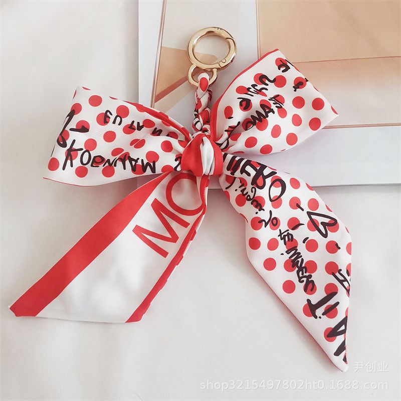New Camellia Silk Scarf Bow Keychain Pendant Fresh Korean Style Girls' Bags Hanging Ornament Car Key Ring - 图片 4